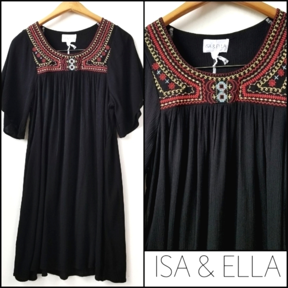 NEW! ISA & ELLA Black Pullover Boho Embroidered Mini Dress Small.